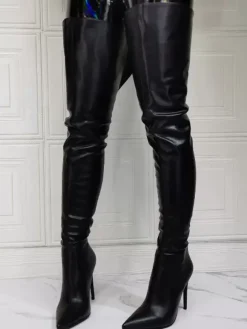 Cuissardes à Talons Hauts Femme avec Bout Pointu à Zip en Cuir Synthétique Unicolore