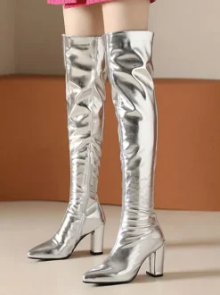 Cuissardes à talons épais pour femmes en cuir PU