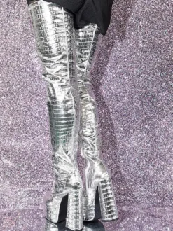 Cuissardes argentées à motif de pierre métallique  bottes à plateforme à talons épais