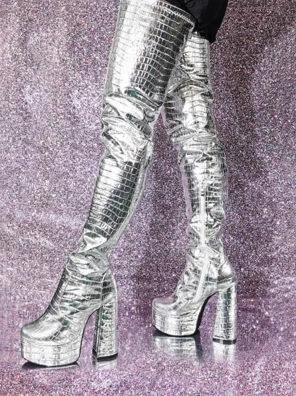 Cuissardes argentées à motif de pierre métallique bottes à plateforme à talons épais