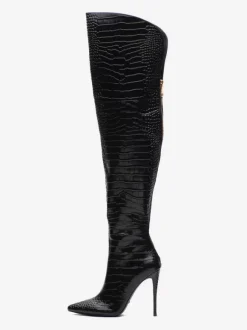 Cuissardes argentées Bottes à talons hauts argentées motif pierre