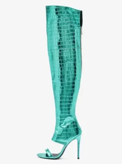 Cuissardes Argentées Or Serpent Vernies Femme Bout Découpé Chaussures Hautes Talon Aiguille