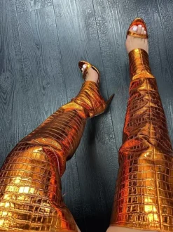 Cuissardes Argentées Or Serpent Vernies Femme Bout Découpé Chaussures Hautes Talon Aiguille