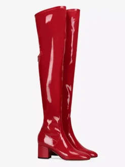 Cuissardes Bottes Au-Dessus Du Genou Rouges Pour Femmes Tige En PU Verni Talon Chiot