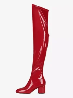 Cuissardes Bottes Au-Dessus Du Genou Rouges Pour Femmes Tige En PU Verni Talon Chiot