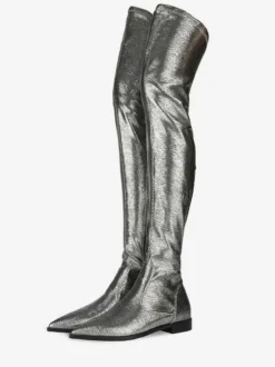 Cuissardes Bottes d'hiver en cuir brillant à bout pointu argentées pour femmes