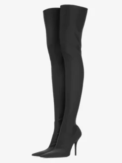 Cuissardes Bottes Hautes Élastiques Noires En Satin Femmes À Bout Pointu Talons Hauts