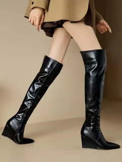 Cuissardes Bottes hautes blanches femme en cuir PU à talon compensé