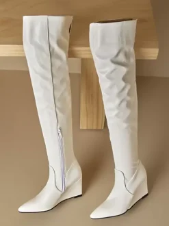 Cuissardes Bottes hautes blanches femme en cuir PU à talon compensé