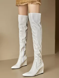 Cuissardes Bottes hautes blanches femme en cuir PU à talon compensé