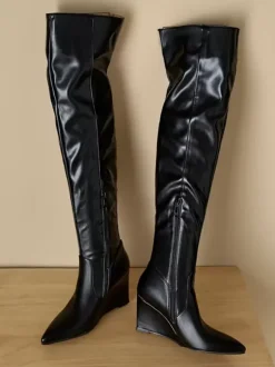 Cuissardes Bottes hautes blanches femme en cuir PU à talon compensé