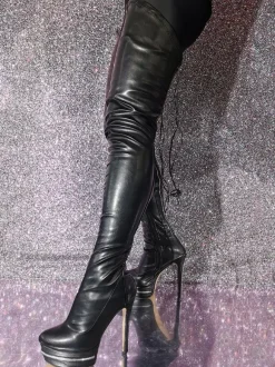 Cuissardes chaussures femmes Bout rond Talon aiguille Cuir PU