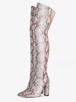Cuissardes Cuissardes Cuir Rose Bout Pointu Serpent Imprimé Talon Chunky Cuissardes