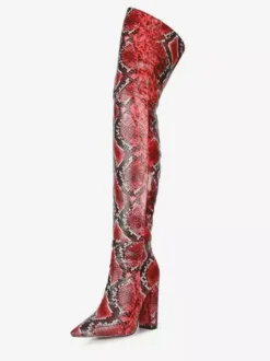 Cuissardes Cuissardes Cuir Rose Bout Pointu Serpent Imprimé Talon Chunky Cuissardes