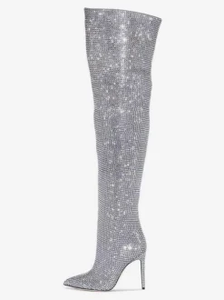 Cuissardes femme argentées avec strass cuissardes à bout pointu bottes de fête