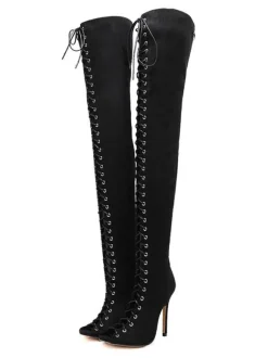 Cuissardes Femme Nubuck Lacets Peep Toe Talon Aiguille Cuissardes Cuissardes
