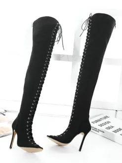 Cuissardes Femme Nubuck Lacets Peep Toe Talon Aiguille Cuissardes Cuissardes