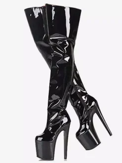 Cuissardes femme sexy noir talon haut plateforme en PU vernis