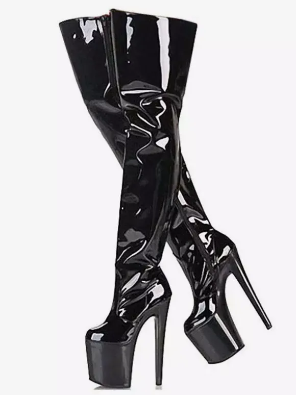 Cuissardes femme sexy noir talon haut plateforme en PU vernis