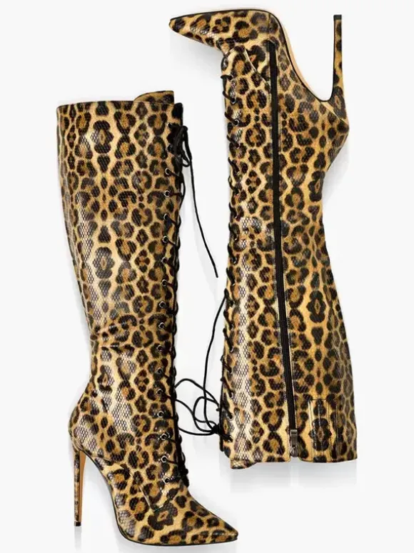 Cuissardes Hautes Au Genou À Lacet Femmes Bottes Hautes À Talons Aiguilles Chics Léopard