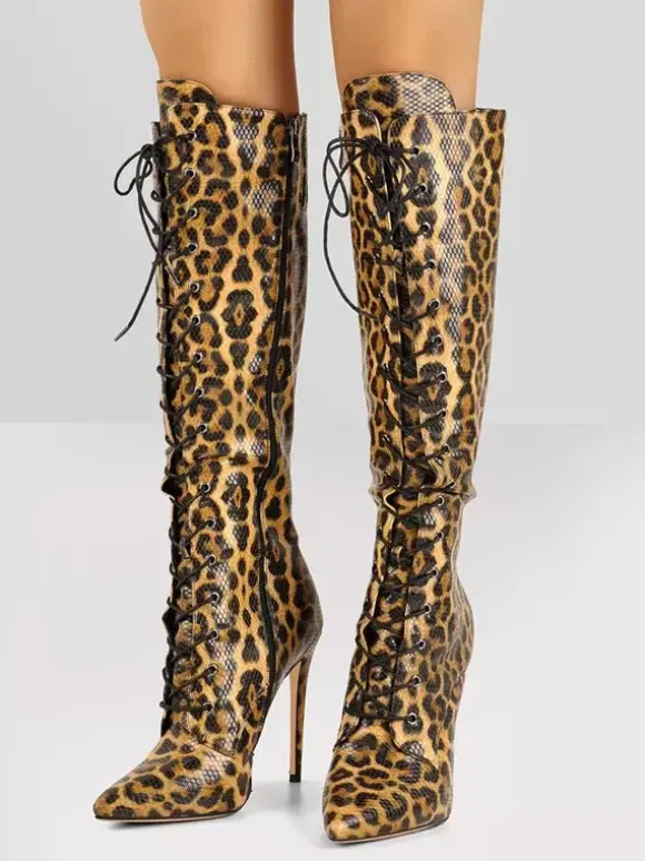Cuissardes Hautes Au Genou À Lacet Femmes Bottes Hautes À Talons Aiguilles Chics Léopard
