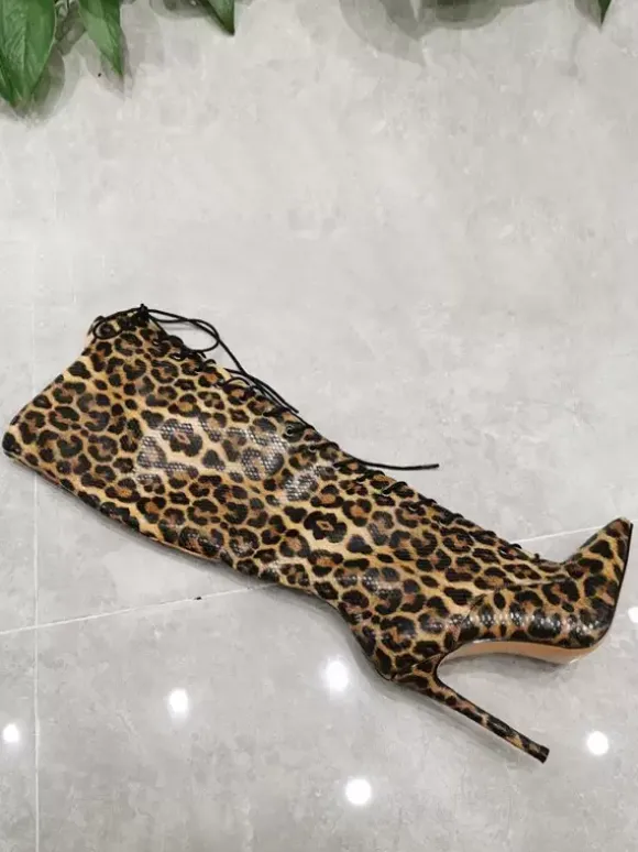 Cuissardes Hautes Au Genou À Lacet Femmes Bottes Hautes À Talons Aiguilles Chics Léopard