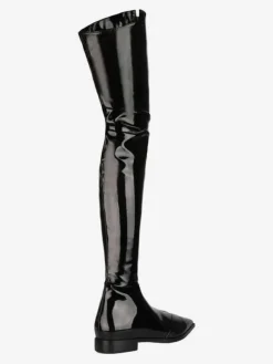 Cuissardes noires bout pointu en cuir brillant avant zip bottes d'hiver femmes cuissardes