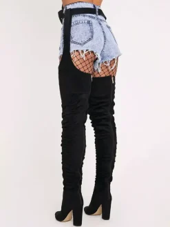 Cuissardes noires Bout rond Boucle Micro Daim Cuissardes