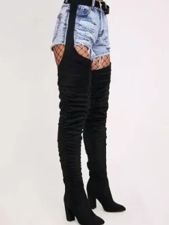 Cuissardes noires Bout rond Boucle Micro Daim Cuissardes
