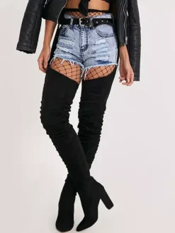 Cuissardes noires Bout rond Boucle Micro Daim Cuissardes