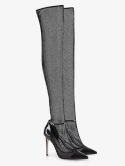 Cuissardes Noires Transparentes En PU Femmes Bout Pointu Bottes Hautes Talon Aiguille
