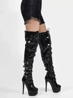 Cuissardes Plate-Forme Sexy Sur Bottes Au Genou Boucle Chaussures Talon Aiguille