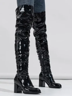 Cuissardes pour femmes bout rond talon épais sur les bottes au genou