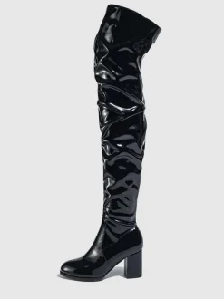 Cuissardes pour femmes bout rond talon épais sur les bottes au genou