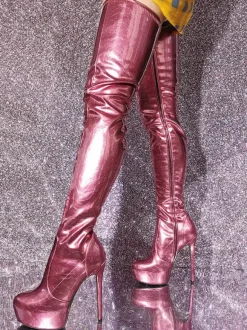 Cuissardes pour femmes bottes métalliques à bout rond et talon aiguille au-dessus du genou