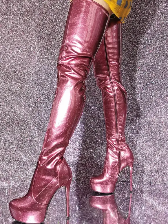 Cuissardes pour femmes bottes métalliques à bout rond et talon aiguille au-dessus du genou
