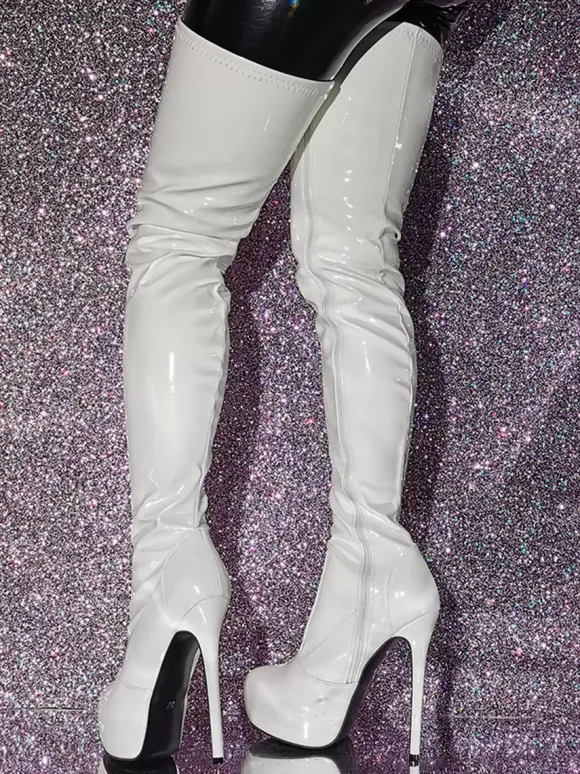 Cuissardes pour femmes bottes métalliques à bout rond et talon aiguille au-dessus du genou