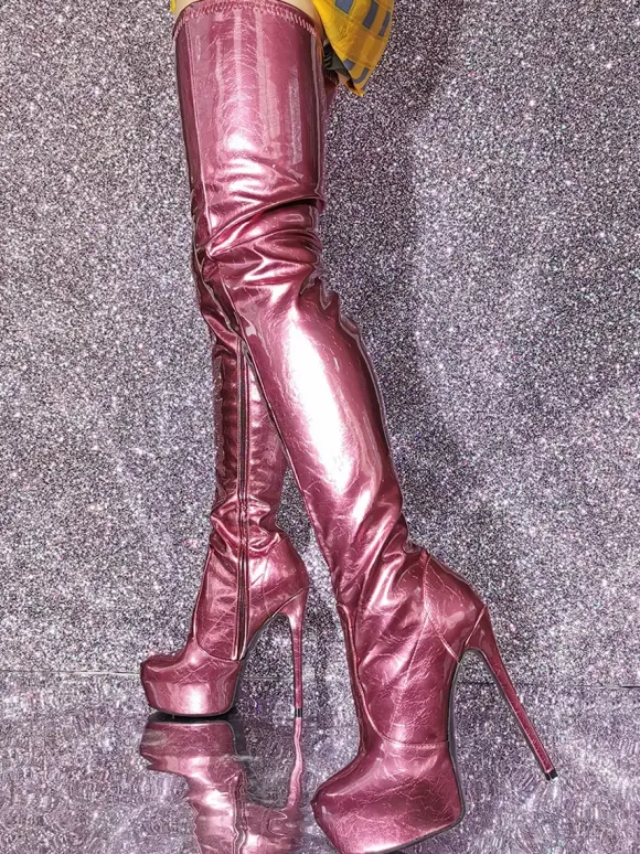 Cuissardes pour femmes bottes métalliques à bout rond et talon aiguille au-dessus du genou