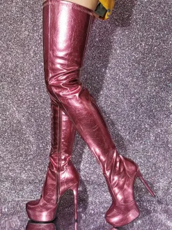 Cuissardes pour femmes bottes métalliques à bout rond et talon aiguille au-dessus du genou