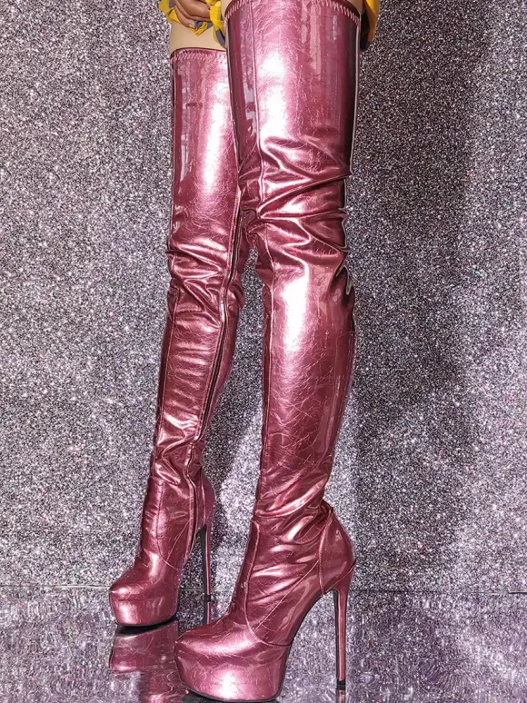 Cuissardes pour femmes bottes métalliques à bout rond et talon aiguille au-dessus du genou