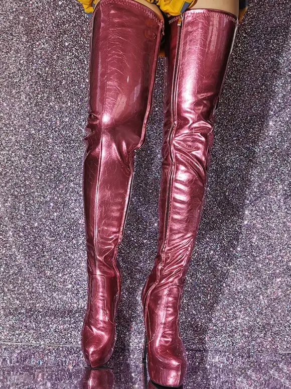 Cuissardes pour femmes bottes métalliques à bout rond et talon aiguille au-dessus du genou