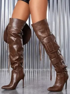 Cuissardes pour femmes bout pointu poches talon haut cuissardes