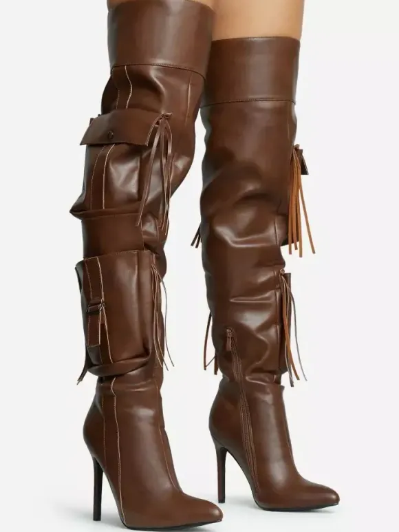 Cuissardes pour femmes bout pointu poches talon haut cuissardes