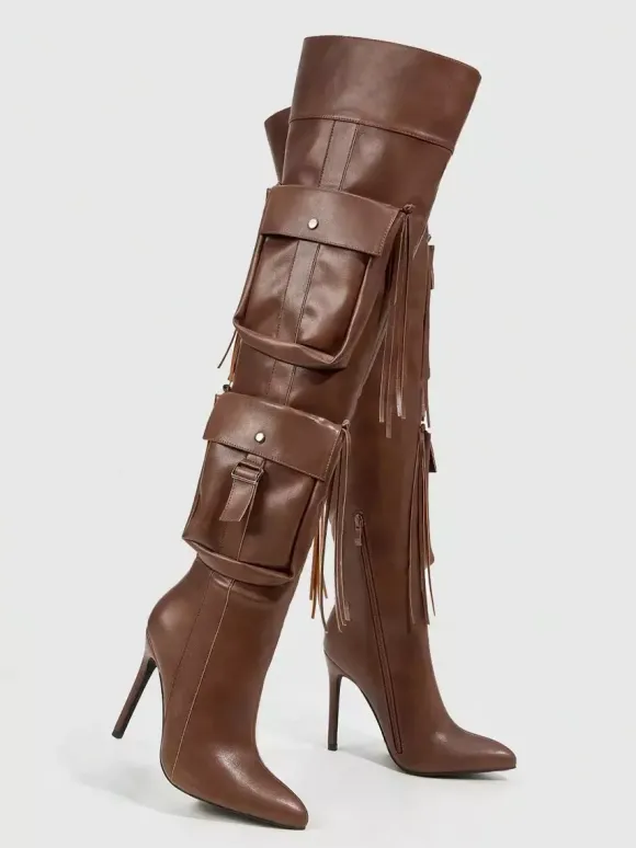Cuissardes pour femmes bout pointu poches talon haut cuissardes