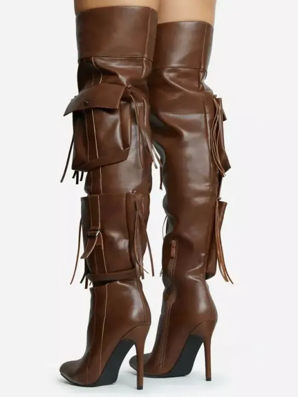 Cuissardes pour femmes bout pointu poches talon haut cuissardes