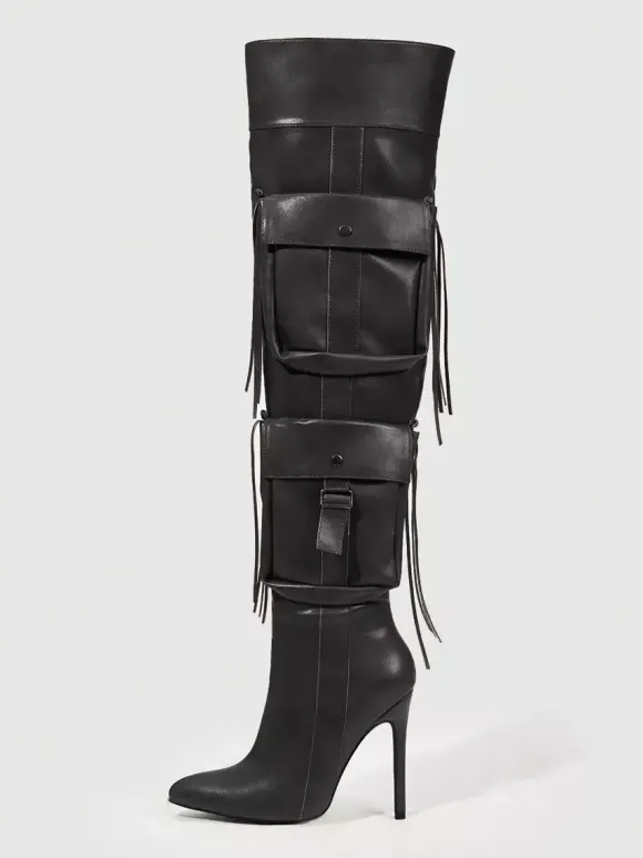 Cuissardes pour femmes bout pointu poches talon haut cuissardes