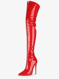 Cuissardes rouges à bout pointu zippées en cuir brillant à talons hauts cuissardes