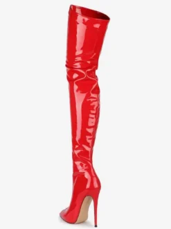 Cuissardes rouges à bout pointu zippées en cuir brillant à talons hauts cuissardes