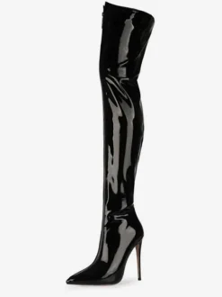 Cuissardes rouges à bout pointu zippées en cuir brillant à talons hauts cuissardes