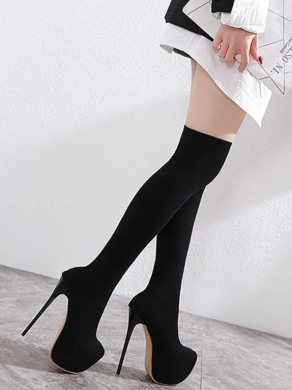 Cuissardes sexy femme noir en pu plateforme talon haut